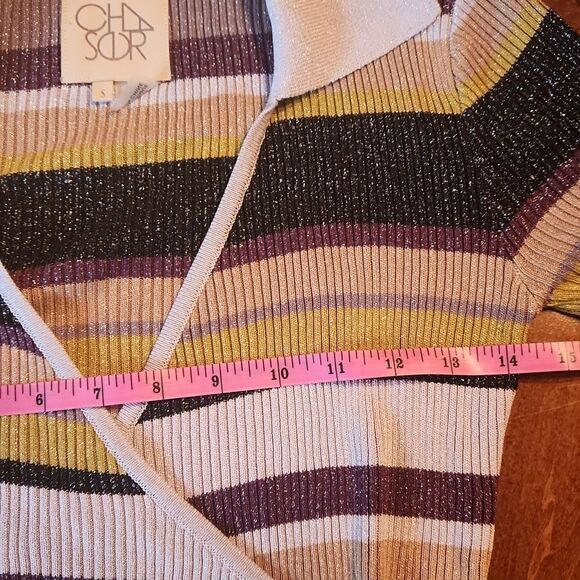 NEW Chaser Faux Wrap Metallic V-Neck Ribbed Sweater Small Black & Silver Stripes - Picture 5 of 9